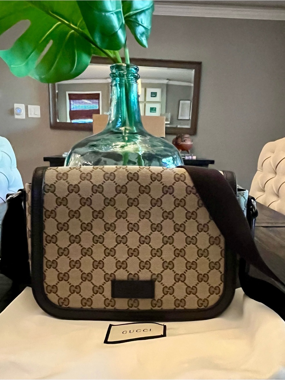 Gucci Beige GG Supreme Canvas Messenger Bag with Brown Trim